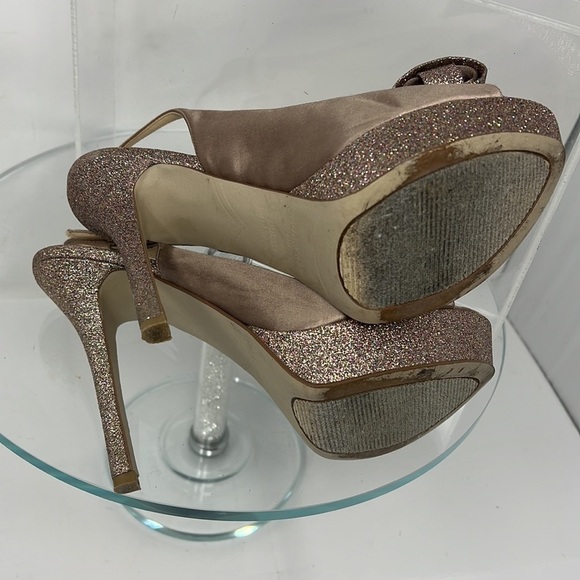 Enzo Angiolini Sz 8.5M Taupe Beige Satin and Glitter Peep Toe Stiletto Heels - Picture 9 of 11